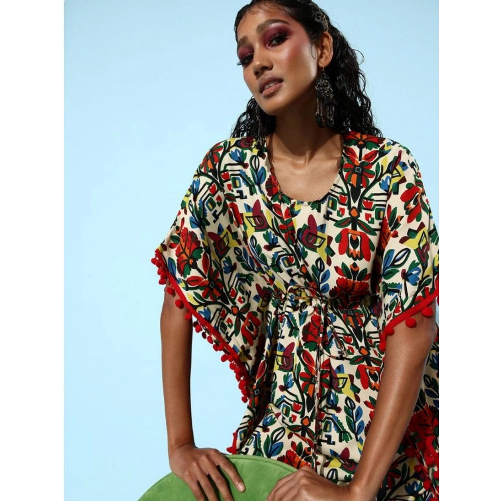 Women's Polyester Moss Printed Round Neck Kaftan Sleeve Dress (Multicolor)
