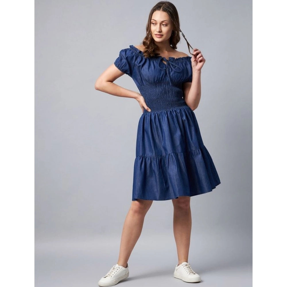 Women's Denim Solid Off-Shoulder Short Sleeve Dress (Blue)