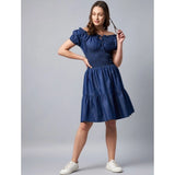 Women's Denim Solid Off-Shoulder Short Sleeve Dress (Blue)