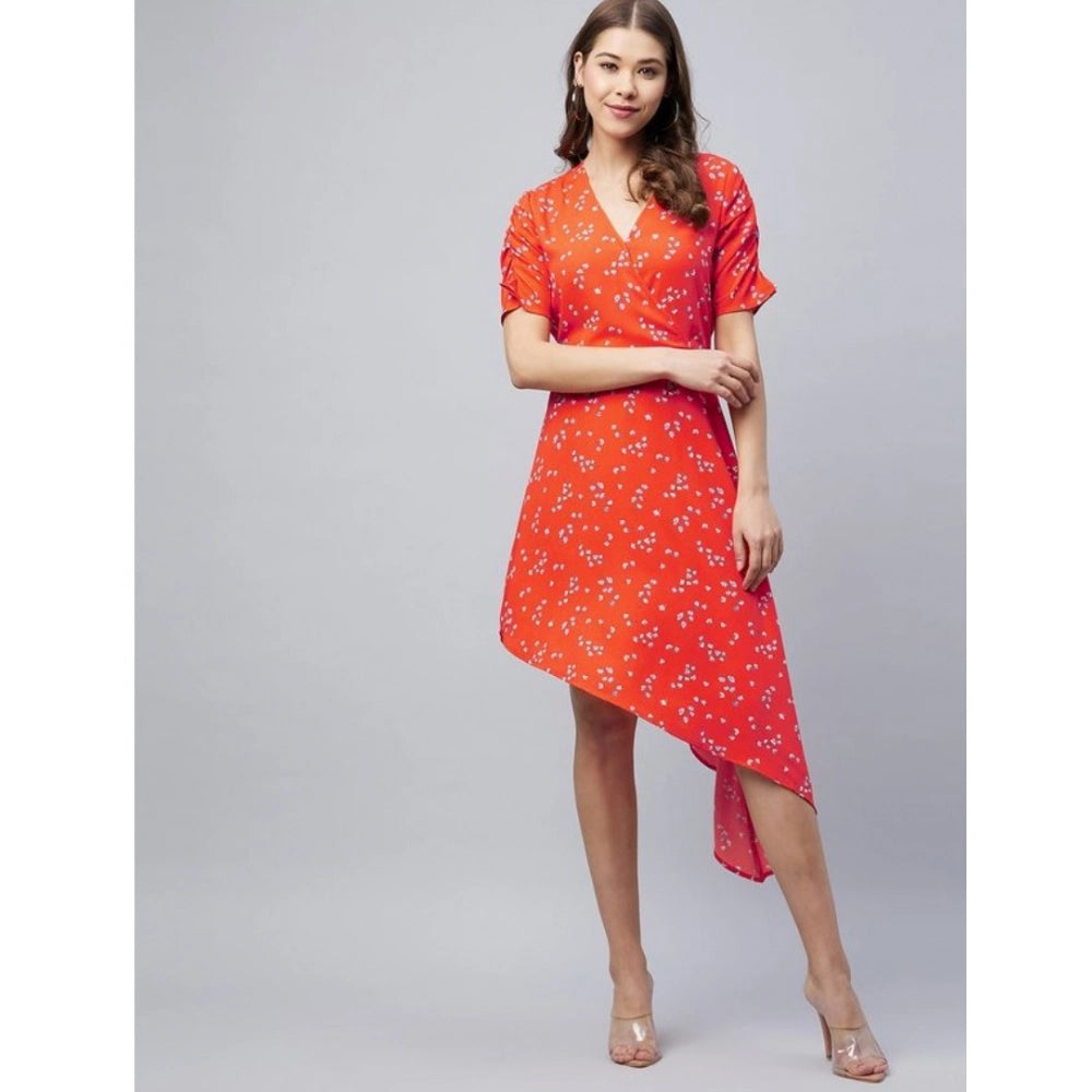 Women's Polyester Floral V-Neck Short Sleeve Dress (Orange)