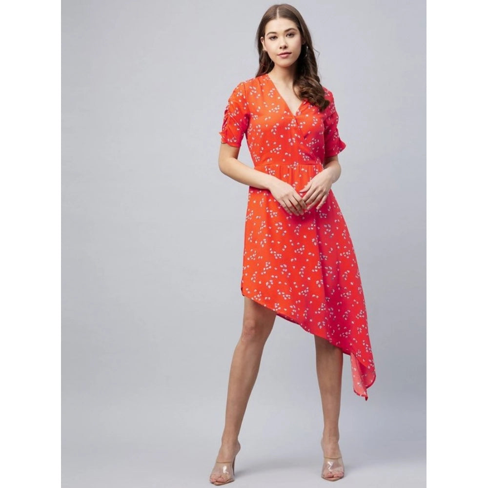 Women's Polyester Floral V-Neck Short Sleeve Dress (Orange)