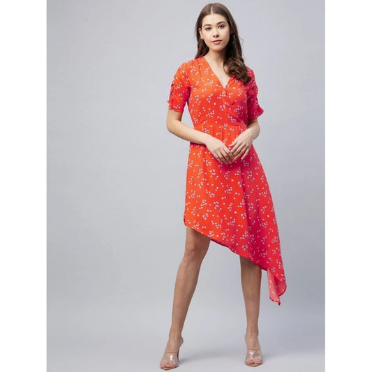 Women's Polyester Floral V-Neck Short Sleeve Dress (Orange)
