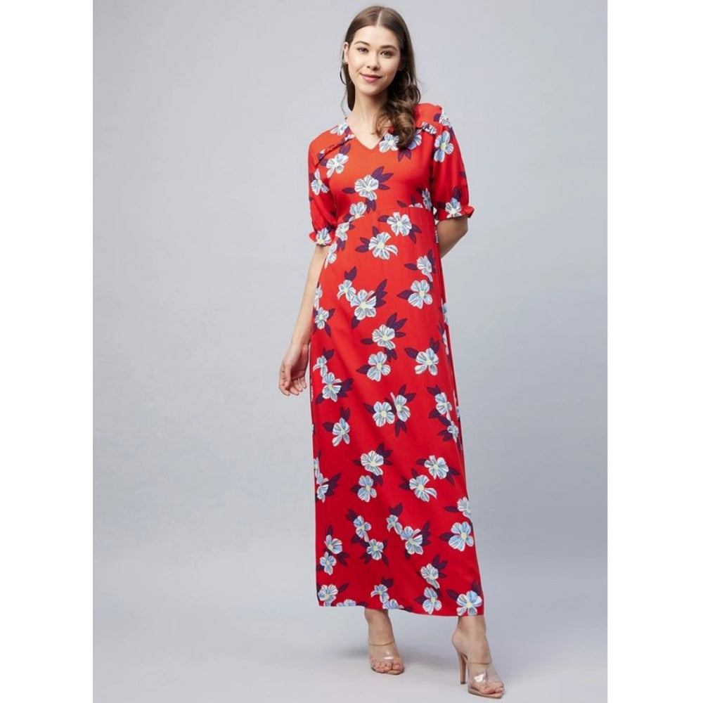 Women's Cotton Blend Floral V-Neck Half Sleeve Dress (Blue-Red)