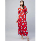 Women's Cotton Blend Floral V-Neck Half Sleeve Dress (Blue-Red)