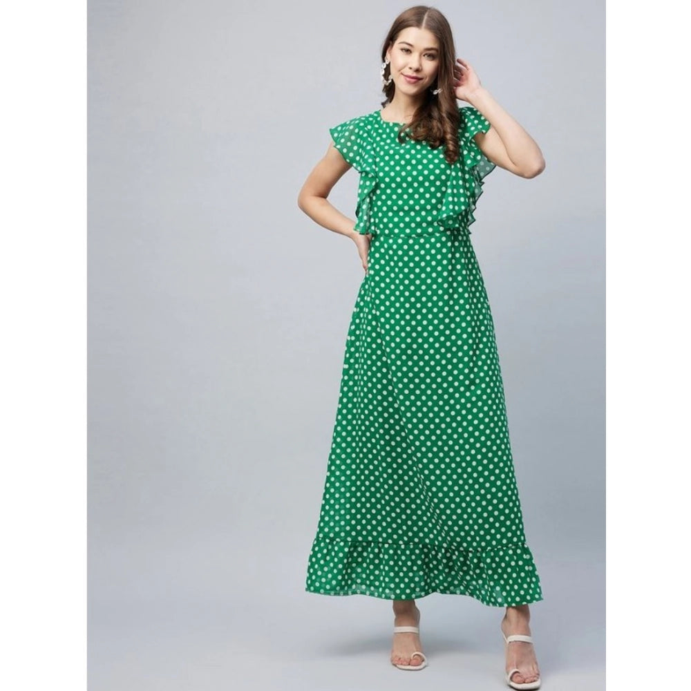 Women's Polyester Polka Close Neck Flutter Dress (Green)