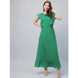 Women's Polyester Polka Close Neck Flutter Dress (Green)