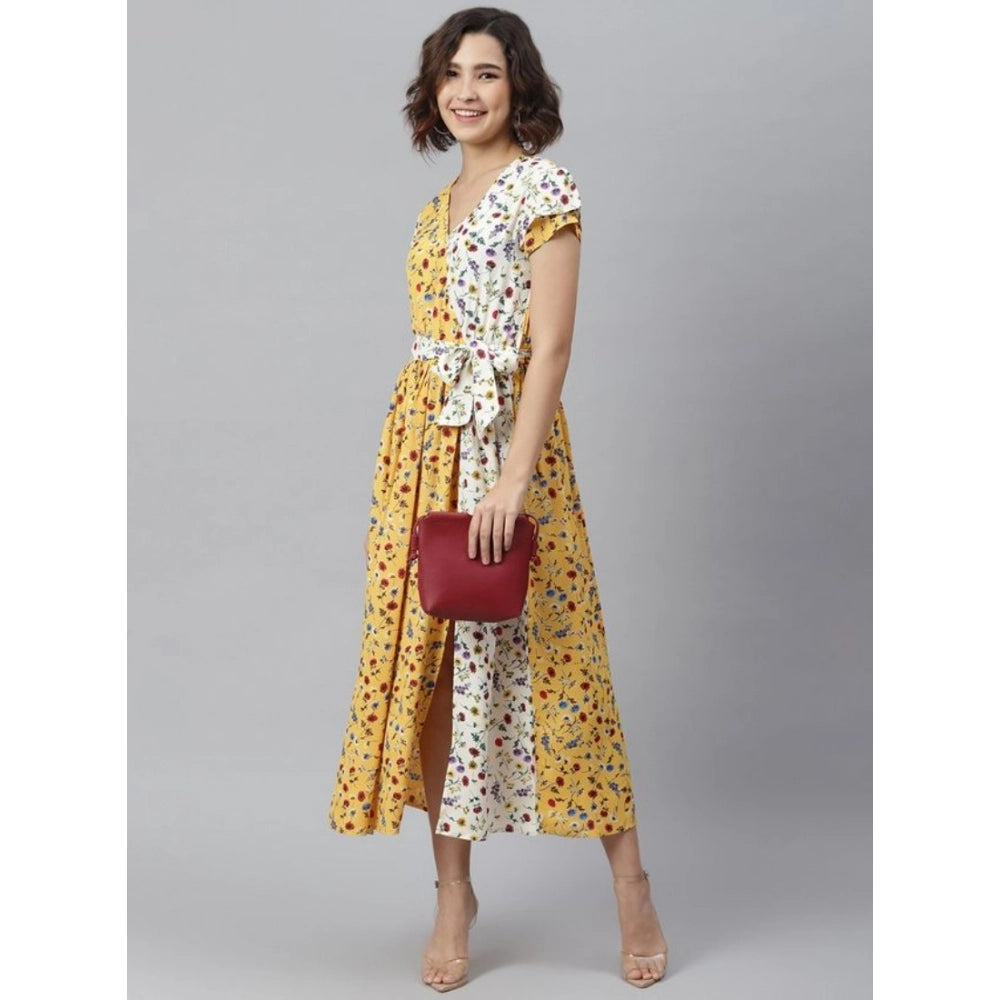 Women's Polyester Floral V-Neck Short Sleeve Dress (Yellow-White)