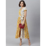 Women's Polyester Floral V-Neck Short Sleeve Dress (Yellow-White)