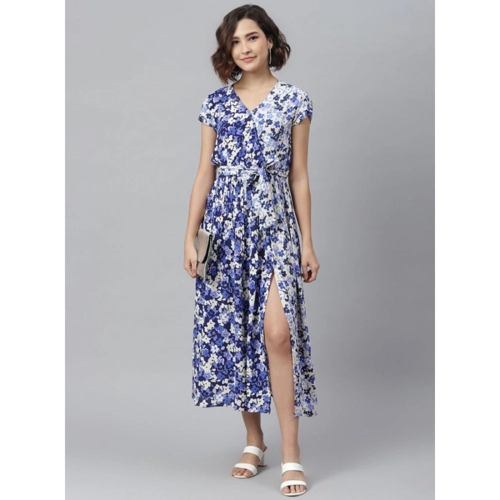 Women's Polyester Floral V-Neck Short Sleeve Dress (Purple-White)