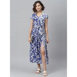Women's Polyester Floral V-Neck Short Sleeve Dress (Purple-White)