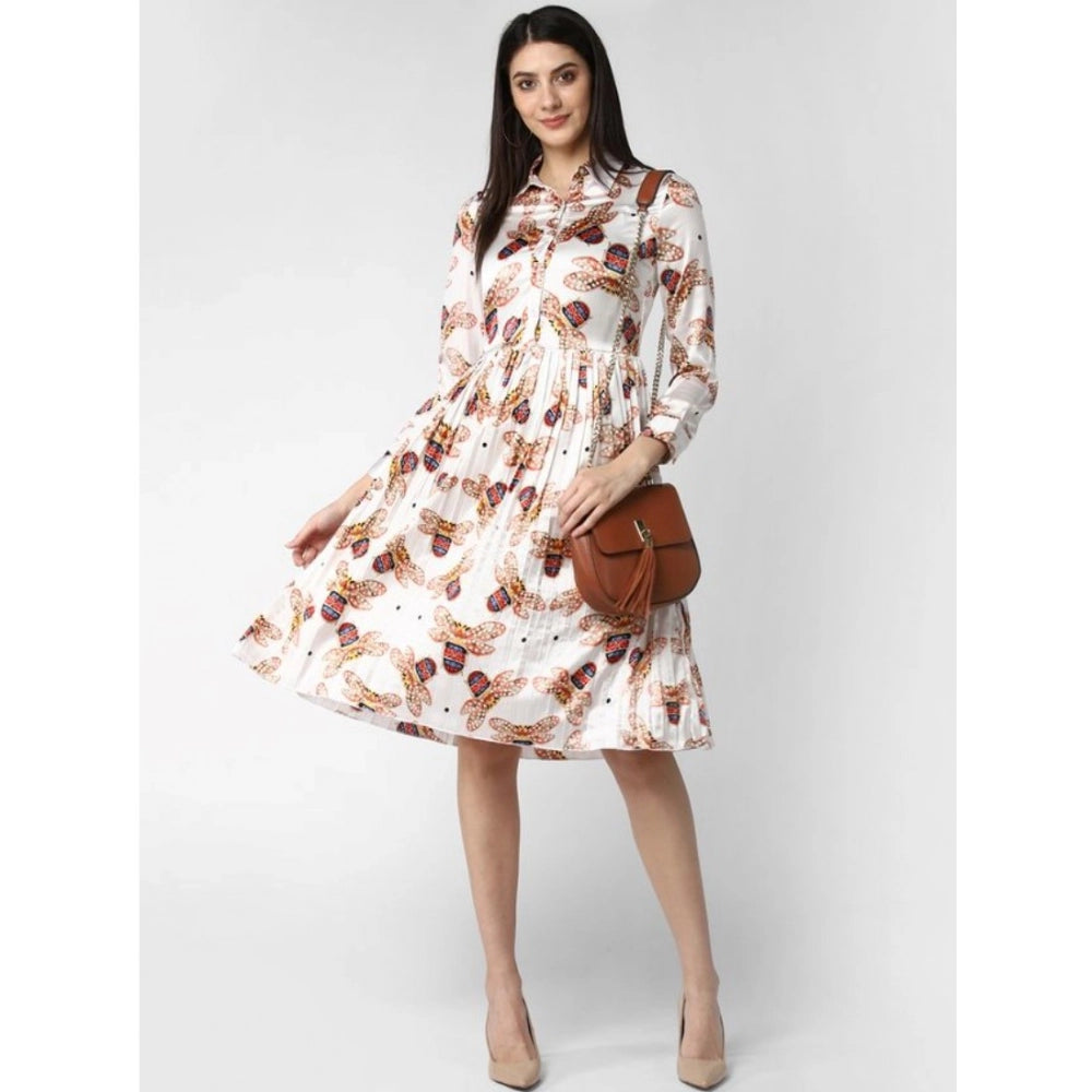 Women's Polyester Pleated Collar Neck Long Sleeves Dress (White)