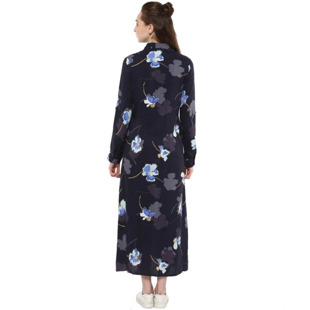 Women's Rayon Floral Collar Neck Long Sleeves Dress (Blue)