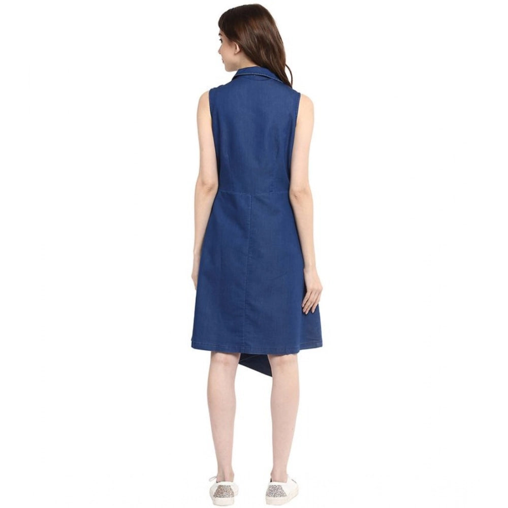 Women's Denim Solid Collar Neck Sleeveless Dress (Blue)