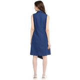 Women's Denim Solid Collar Neck Sleeveless Dress (Blue)