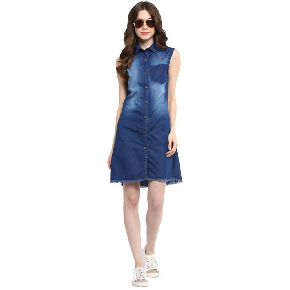 Women's Denim Solid Collar Neck Sleeveless Dress (Blue)