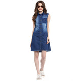 Women's Denim Solid Collar Neck Sleeveless Dress (Blue)