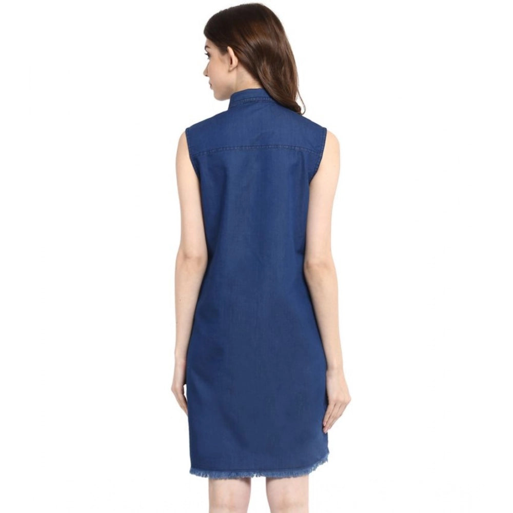 Women's Denim Solid Collar Neck Sleeveless Dress (Blue)