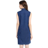 Women's Denim Solid Collar Neck Sleeveless Dress (Blue)