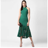 Women's Polyester Asymmetrical Close Neck Sleeveless Dress (Green)