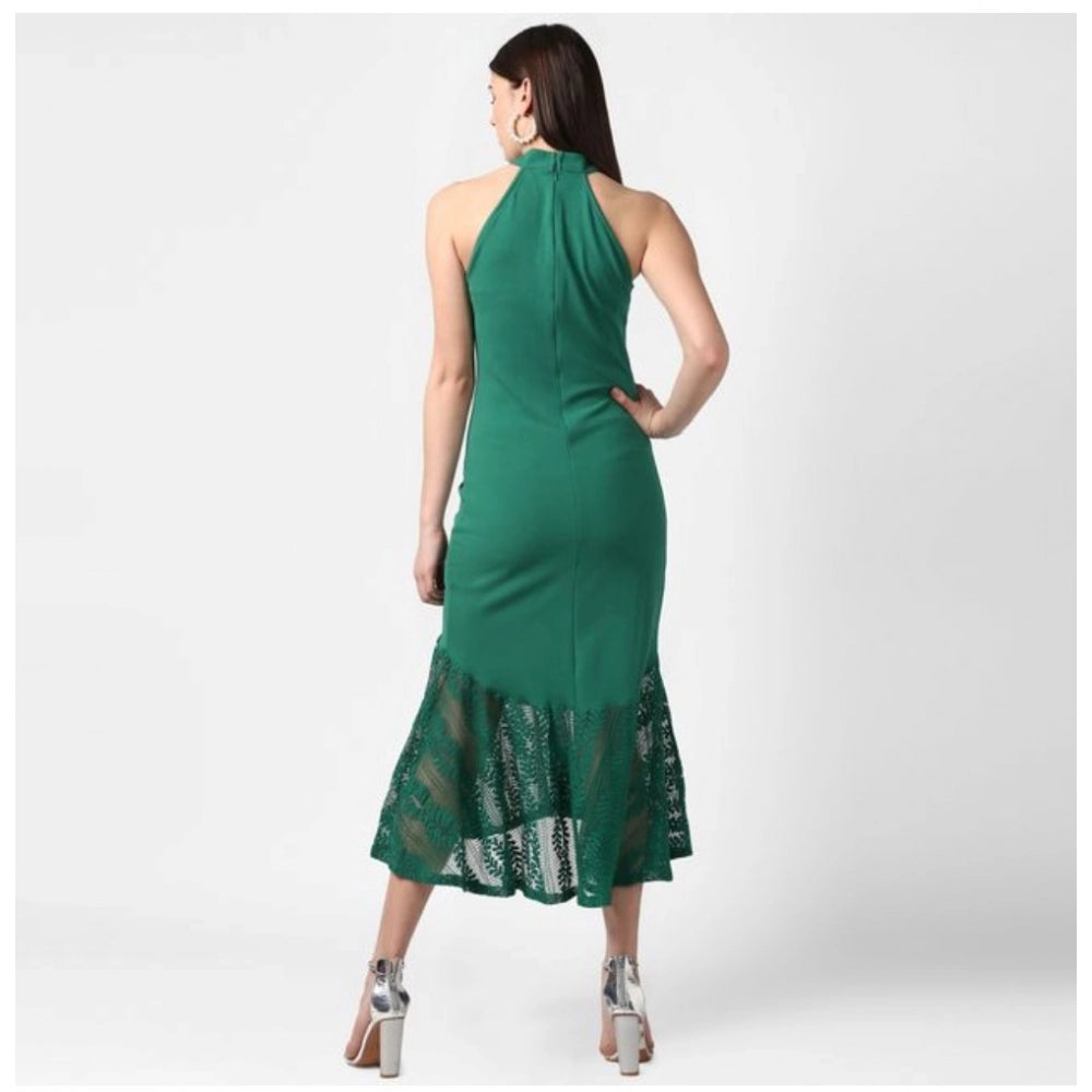 Women's Polyester Asymmetrical Close Neck Sleeveless Dress (Green)