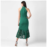 Women's Polyester Asymmetrical Close Neck Sleeveless Dress (Green)
