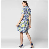 Women's Polyester Floral Collar Neck Short Sleeve Dress (Blue-Yellow)