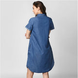 Women's Denim Solid Collar Neck Short Sleeve Dress (Blue)