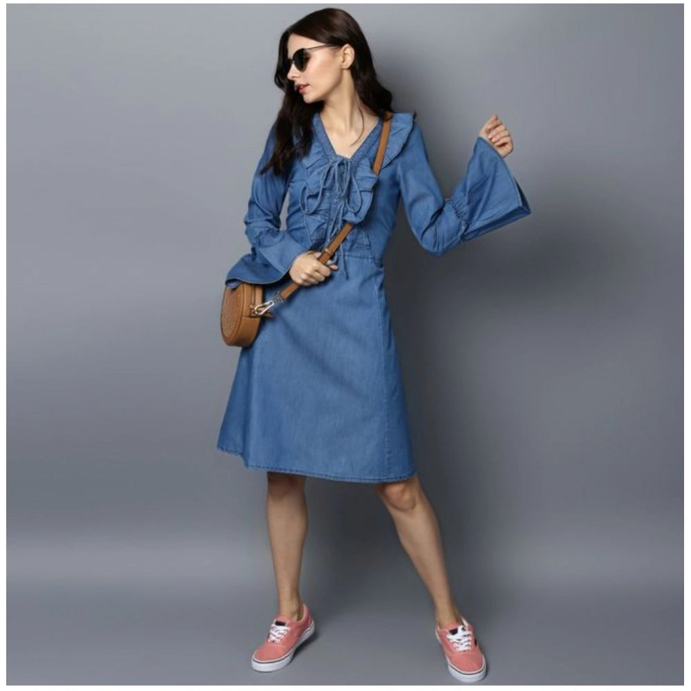 Women's Denim Solid V-Neck Bell Sleeve Dress (Blue)