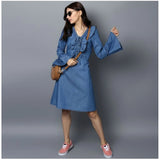 Women's Denim Solid V-Neck Bell Sleeve Dress (Blue)