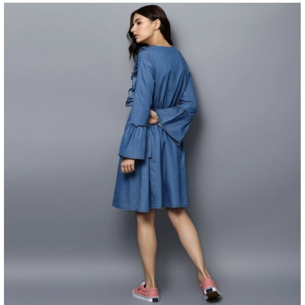 Women's Denim Solid V-Neck Bell Sleeve Dress (Blue)