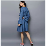 Women's Denim Solid V-Neck Bell Sleeve Dress (Blue)