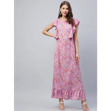 Women's Polyester Floral Round Neck Flutter Dress (Lavender)