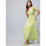 Women's Polyester-Cotton Blend Checkered Square Neck Half Sleeve Dress (Lime Green)