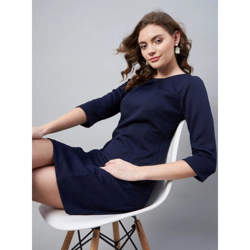 Women's Polyester Jacquard Self Design Round Neck 3/4th Sleeves Dress (Navy)