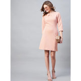 Women's Polyester Jacquard Self Design Round Neck 3/4th Sleeves Dress (Pink)