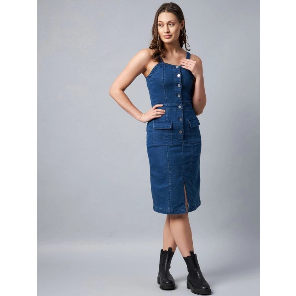Women's Denim Lycra Solid Square Neck Shoulder Straps Dress (Blue)