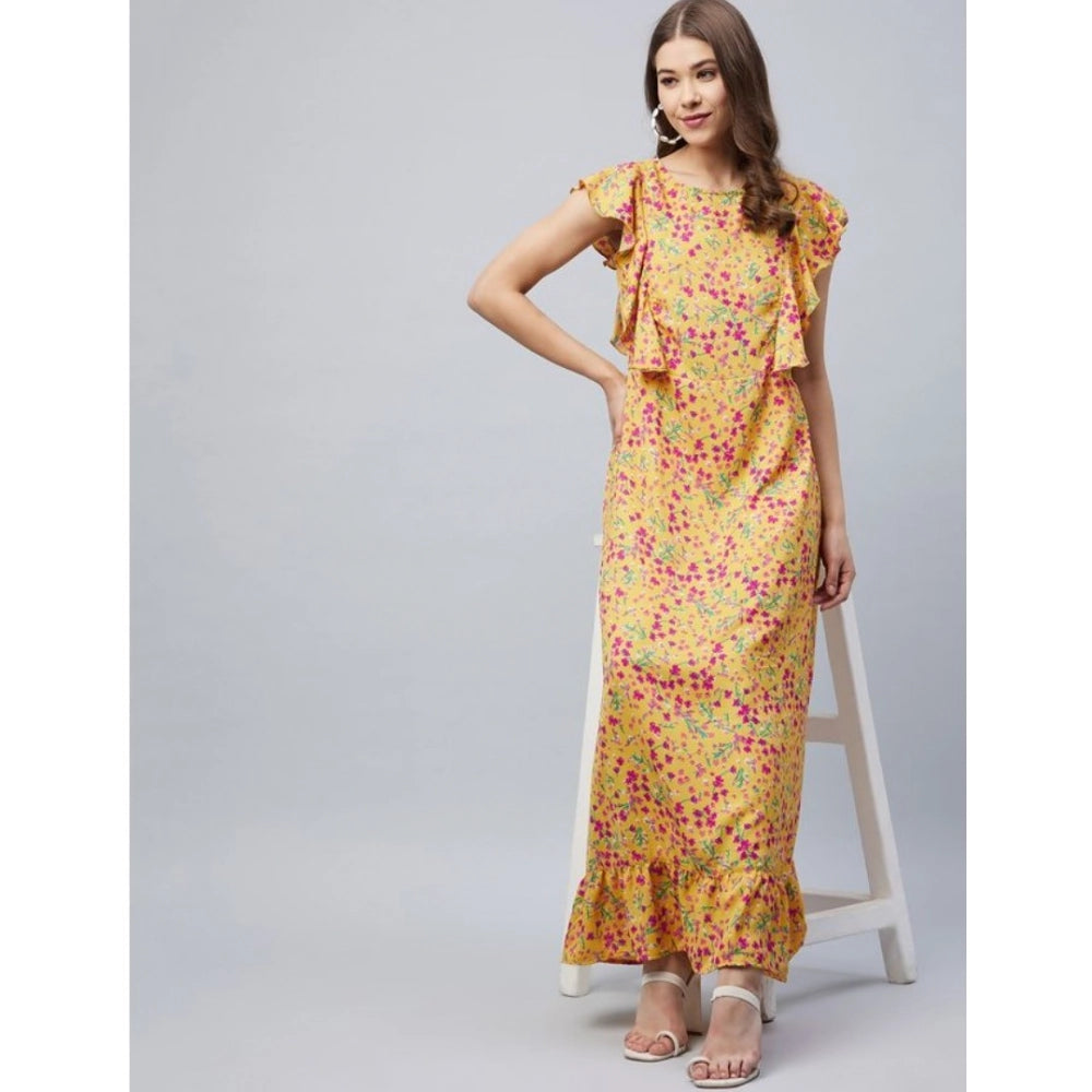Women's Polyester Floral Round Neck Flutter Dress (Red)