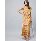 Women's Polyester Floral Round Neck Flutter Dress (Red)