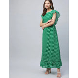 Women's Polyester Polka Close Neck Flutter Dress (Green)