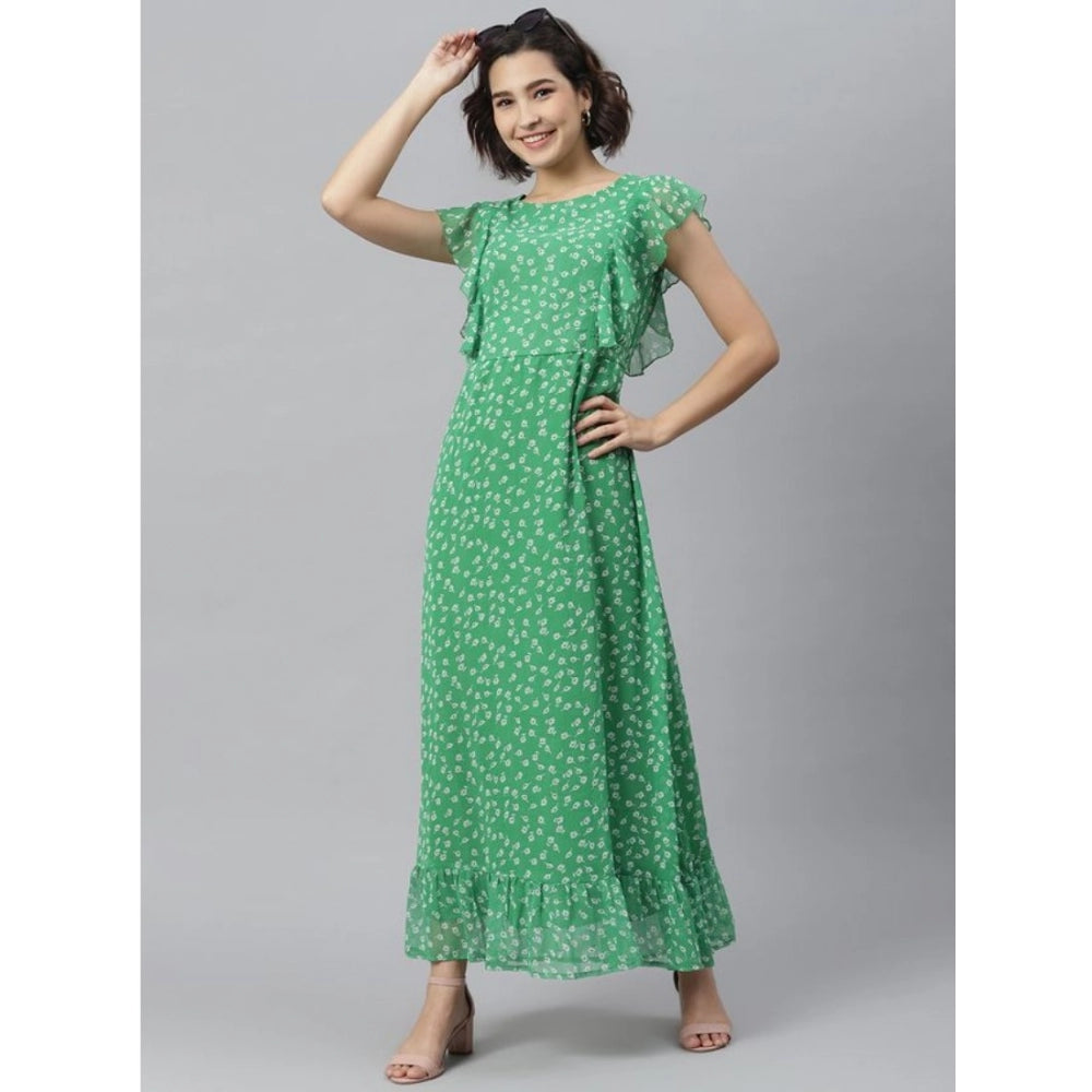 Women's Polyester Floral Round Neck Short Sleeve Dress (Green)