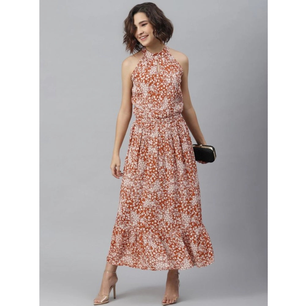 Women's Polyester Printed Halter Neck Sleeveless Dress (Rust)