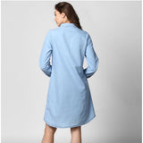 Women's Denim Solid Collar Neck Roll Up Sleeve Dress (Blue)