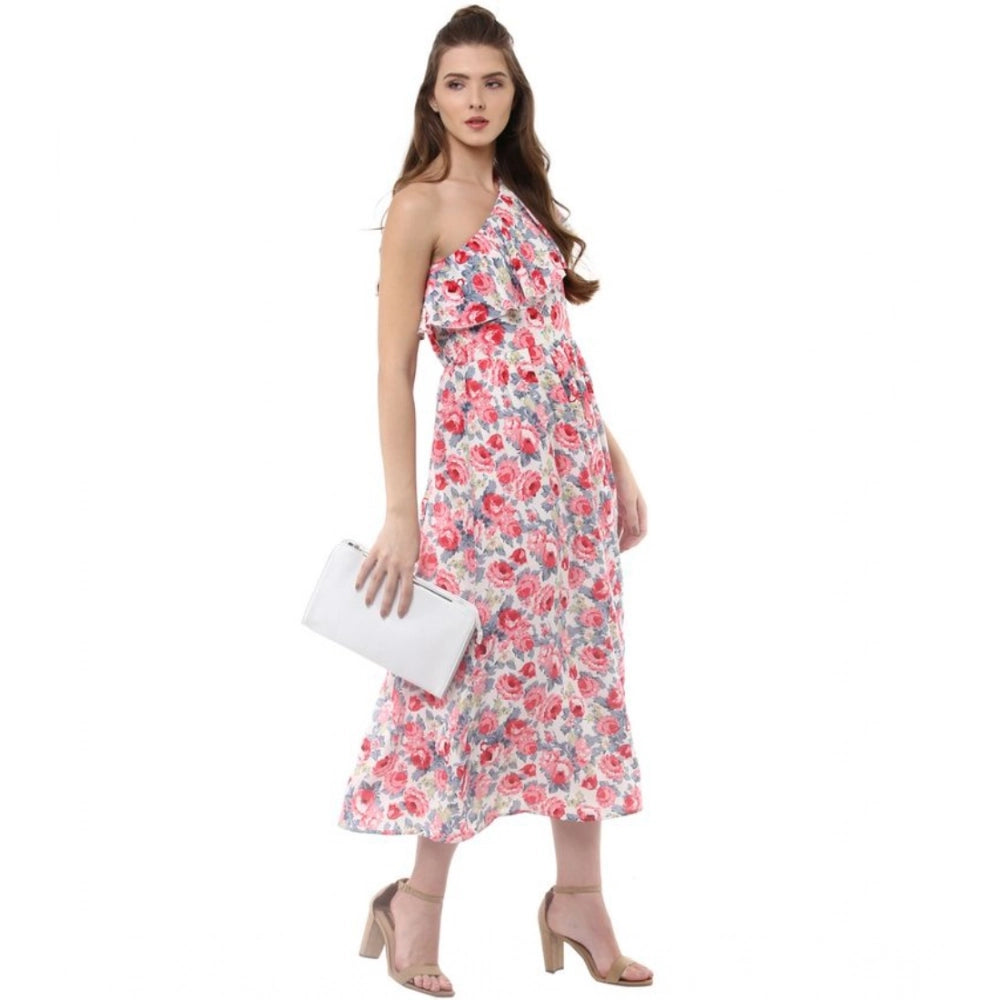 Women's Polyester Crepe Floral One Shoulder One Shoulder Dress (Multicolor)