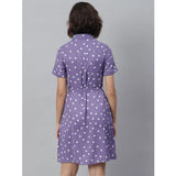Women's Polyester Polka Collar Neck Short Sleeve Dress (Lavender)