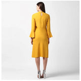 Women's Polyester Ruffled Close Neck Long Sleeves Dress (Yellow)