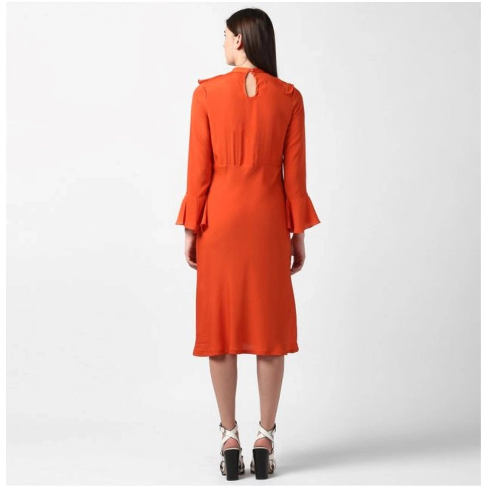 Women's Polyester Ruffled Close Neck Long Sleeves Dress (Orange)
