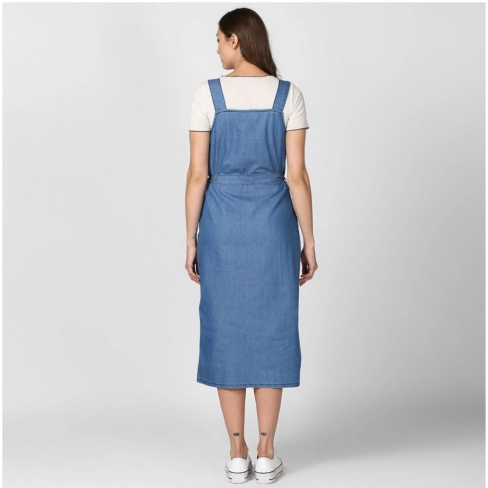 Women's Denim Solid Round Neck Sleeveless Dress (Blue)
