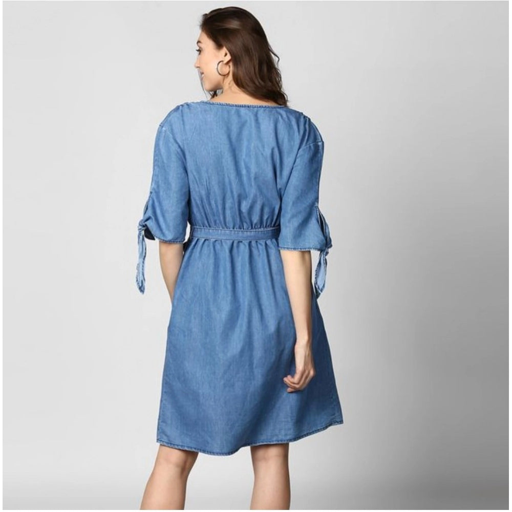 Women's Denim Solid V-Neck Tie Ups Dress (Blue)
