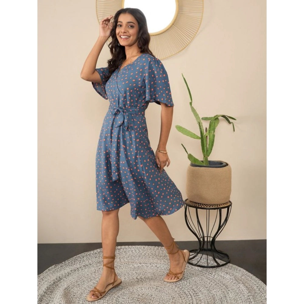 Women's Polyester Moss Polka V-Neck Bell Sleeve Dress (Grey)
