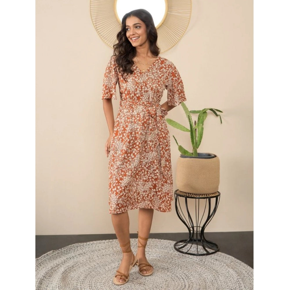 Women's Polyester Moss Floral V-Neck Bell Sleeve Dress (Brown)